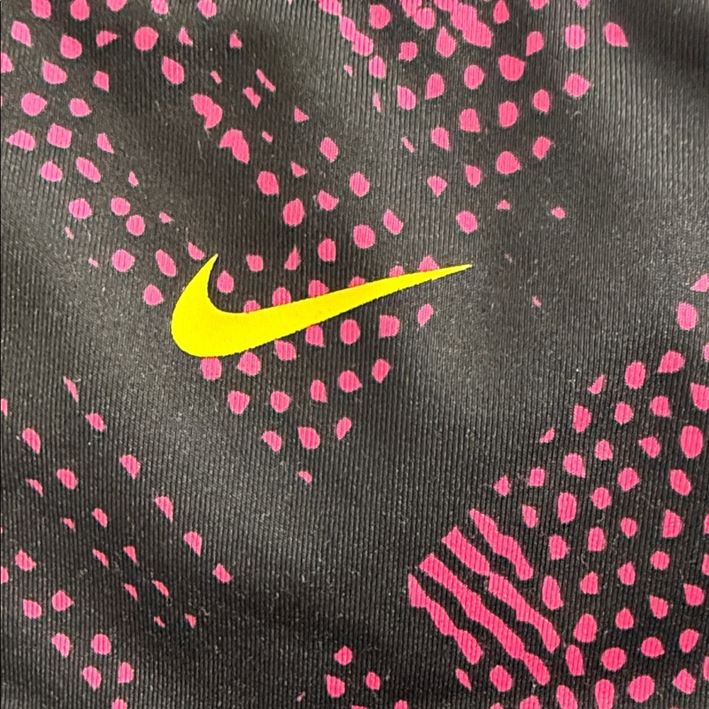 Nike Black Sports Bra with Pink Dot Print and Yellow Swoosh - Picture 2 of 7